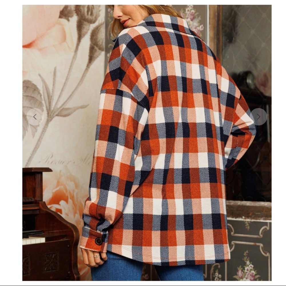 #07 Boho Retro Plaid Pattern Fabric Long Sleeve Shacket - Picture 4 of 6